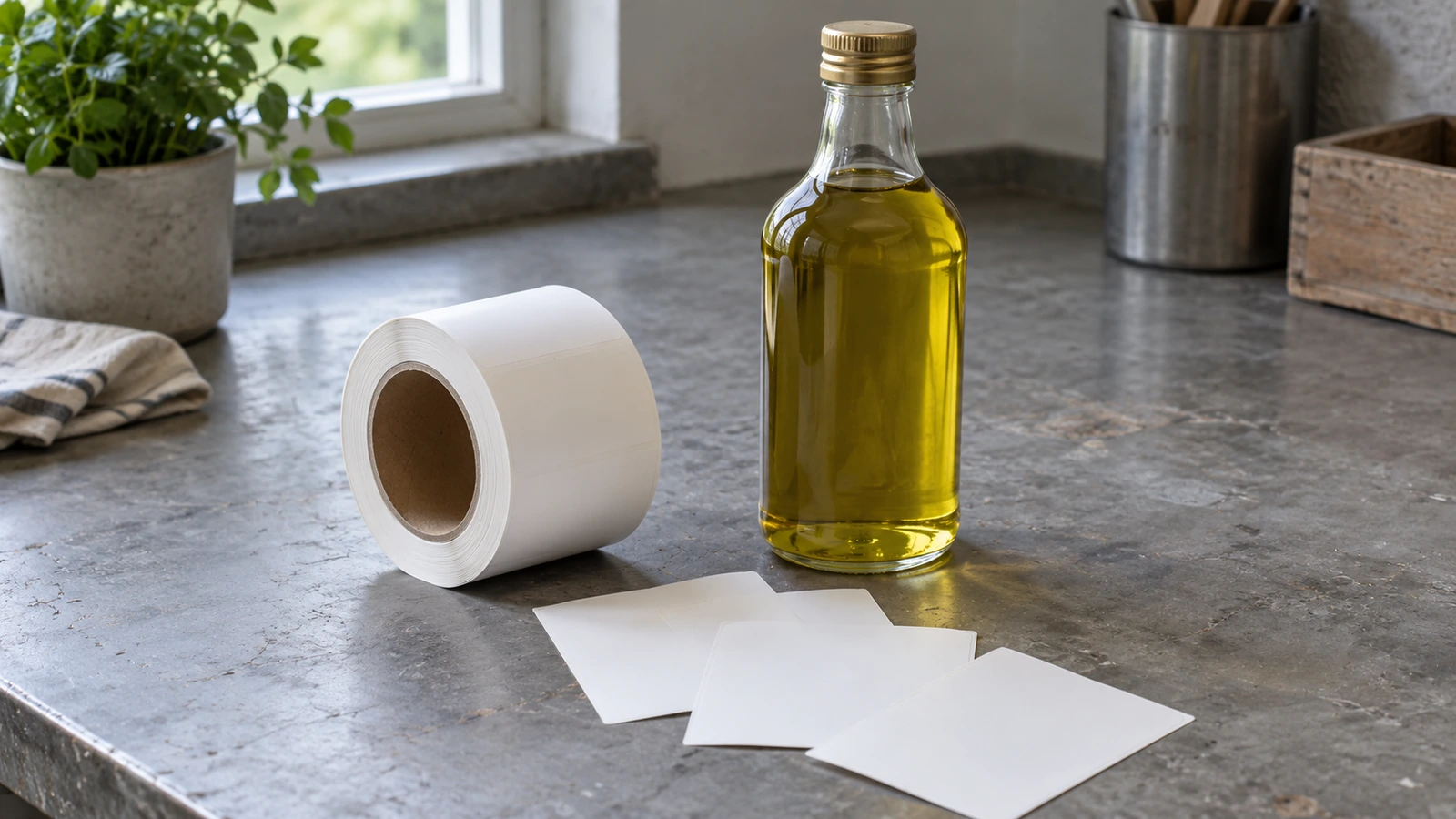 Generated illustration of a white paper label roll beside an unbranded oil bottle and paper coupons