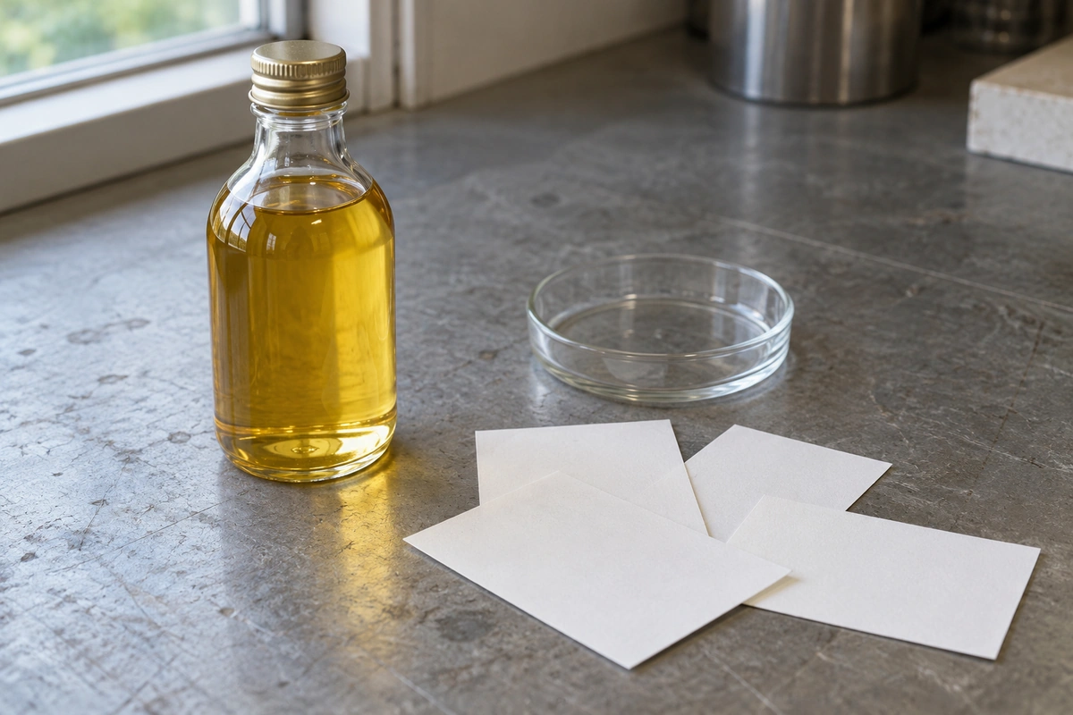 Generated illustration of an oil bottle, white paper samples and a plain glass dish on a preparation bench