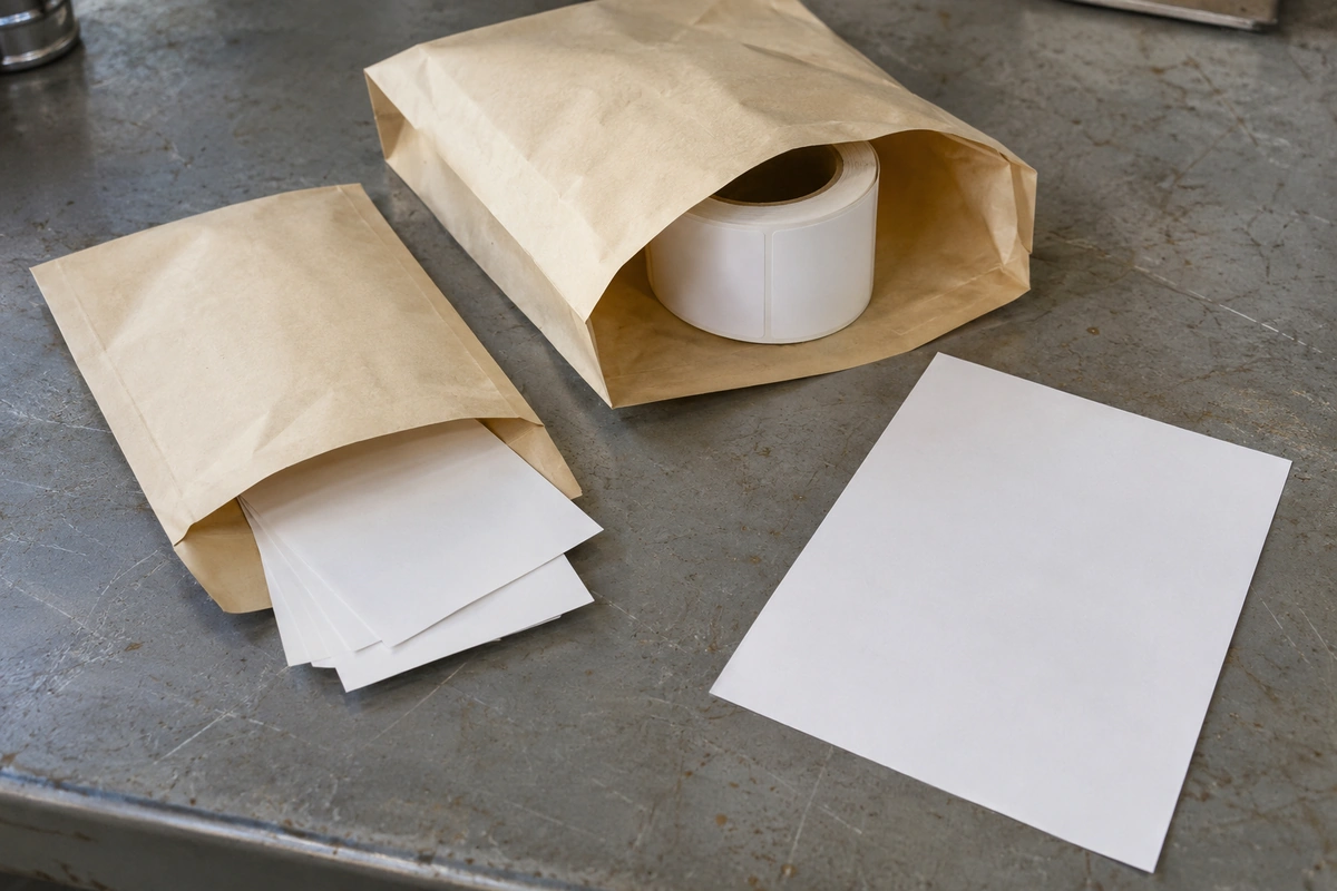 Generated illustration of separate paper coupons, a label roll and plain sample envelopes