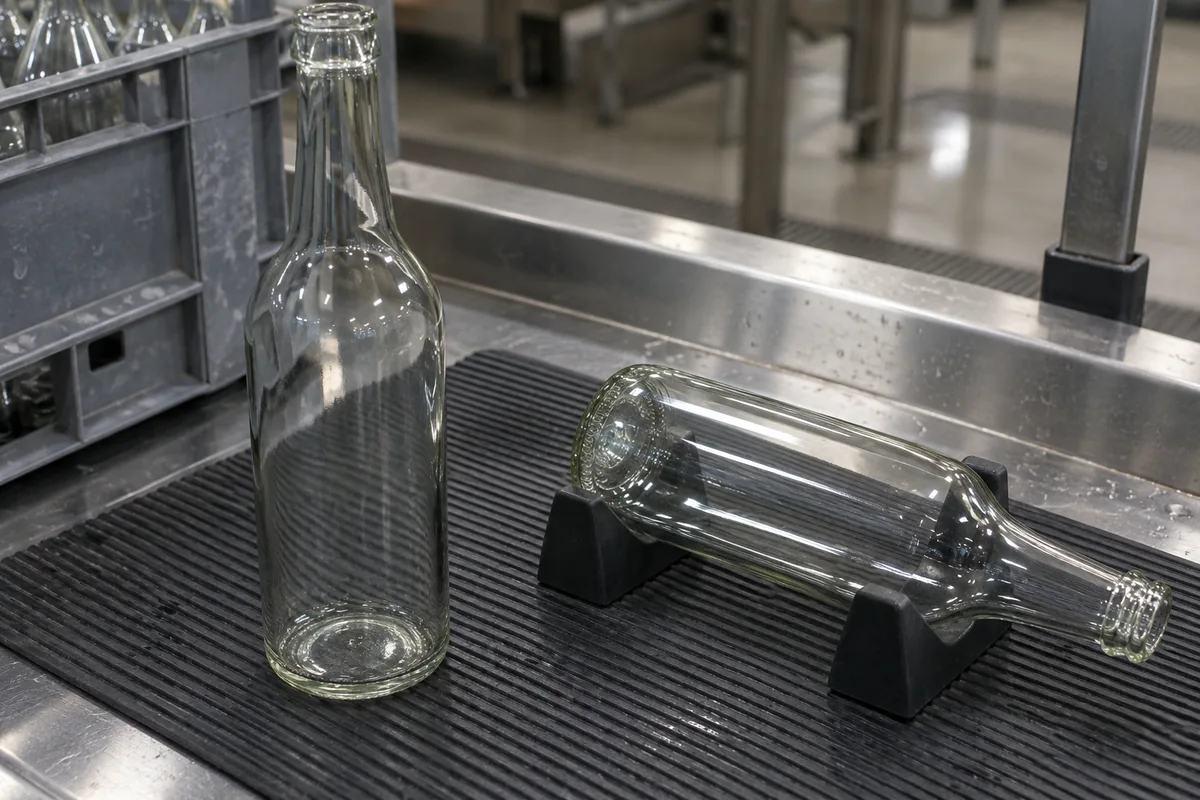 Two washed empty clear glass bottles resting on a dark grey ribbed rubber inspection mat under an overhead inspection light bar showing a clean reflection band across the bare glass wall.