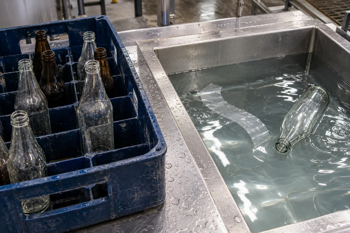 A dark blue plastic bottle-return crate holding empty clear and amber glass bottles beside a stainless-steel wash basin where a plain translucent label strip floats detached in clear water next to a bare glass bottle.