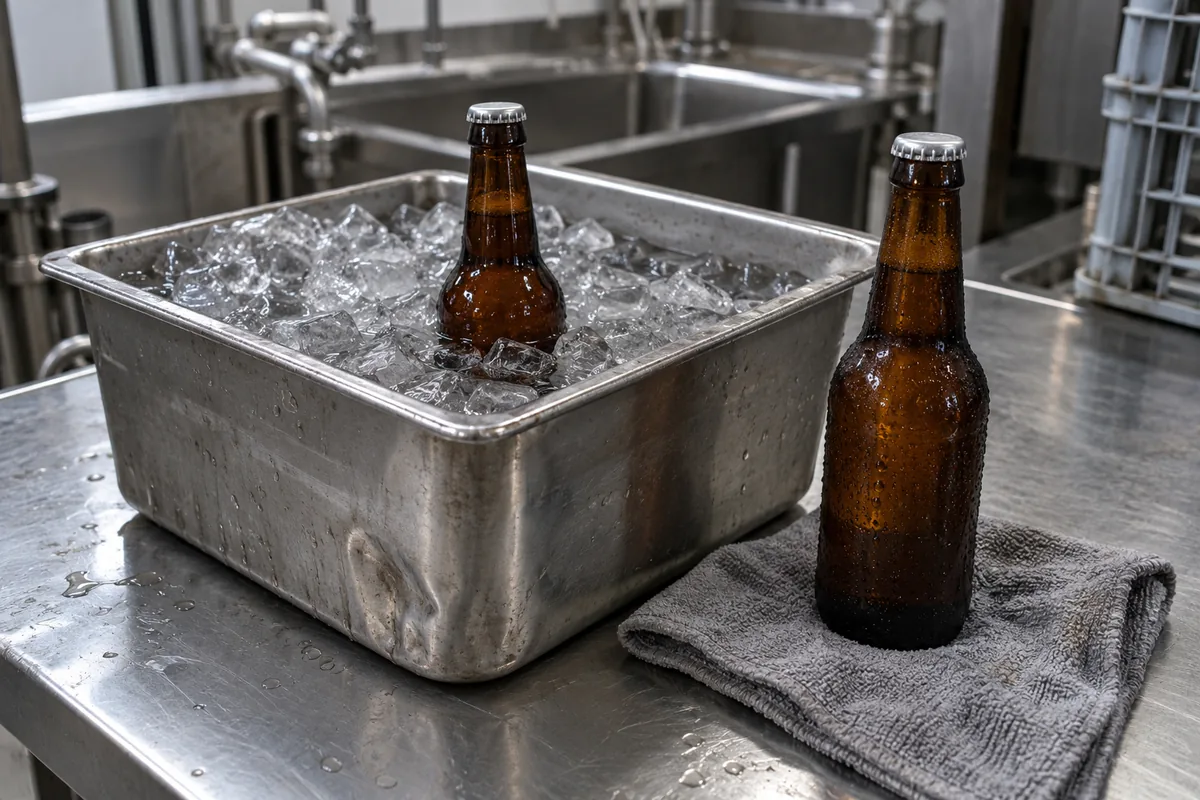 Two amber glass beverage bottles on a stainless-steel counter, one standing in melted ice water inside a metal pan and one covered with cold condensation droplets.