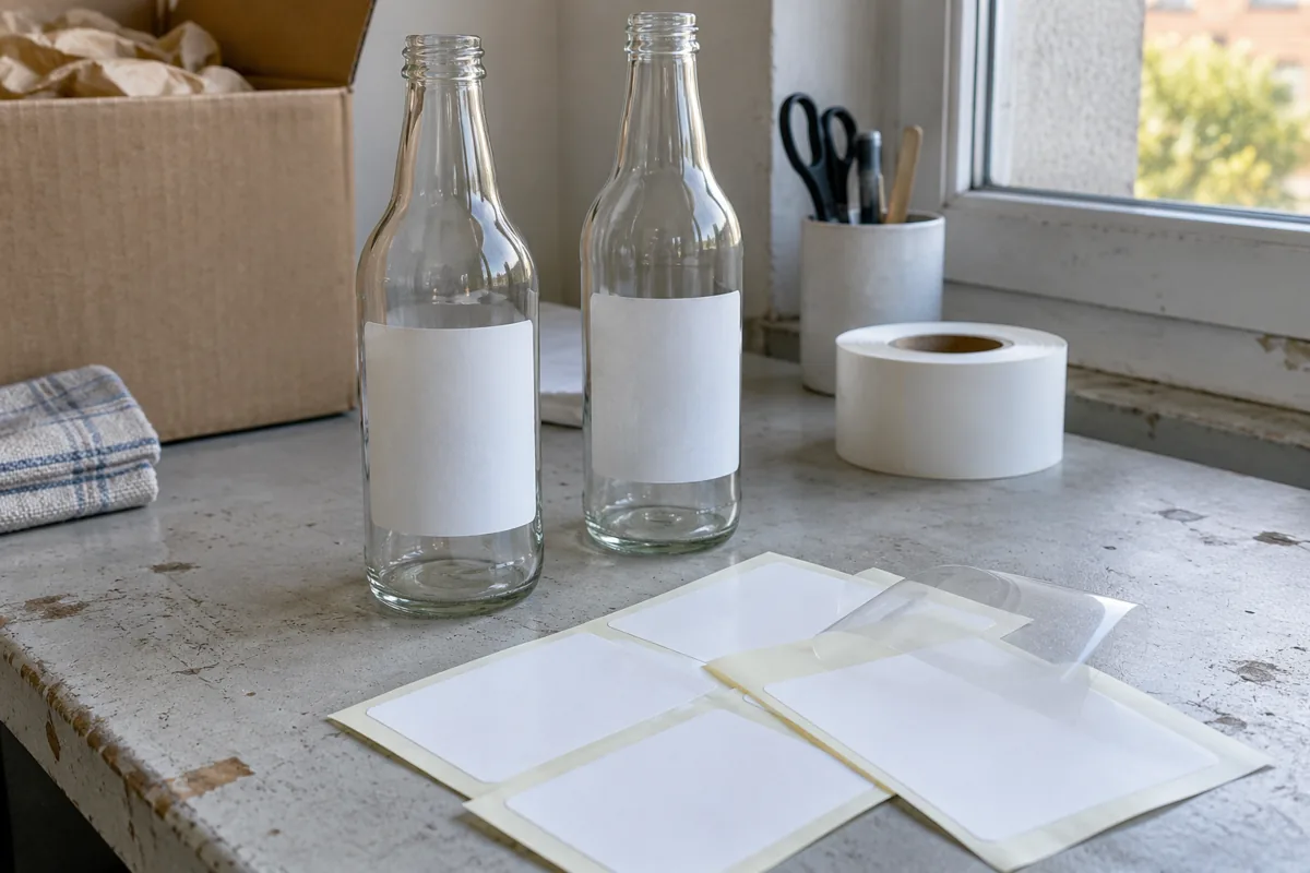 Clear bottles with blank white labels beside loose label sheets and a transparent film swatch on a workbench.