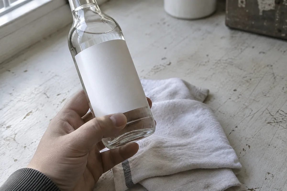 Close view of a hand holding a bottle near its blank label edge, with a white cotton cloth on the table.