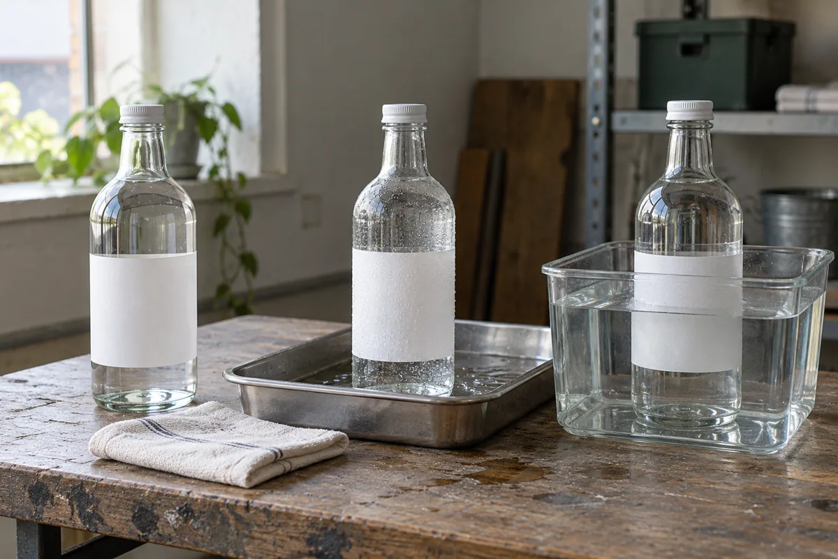 Three clear bottles with blank white labels arranged beside a metal tray and a clear water container.