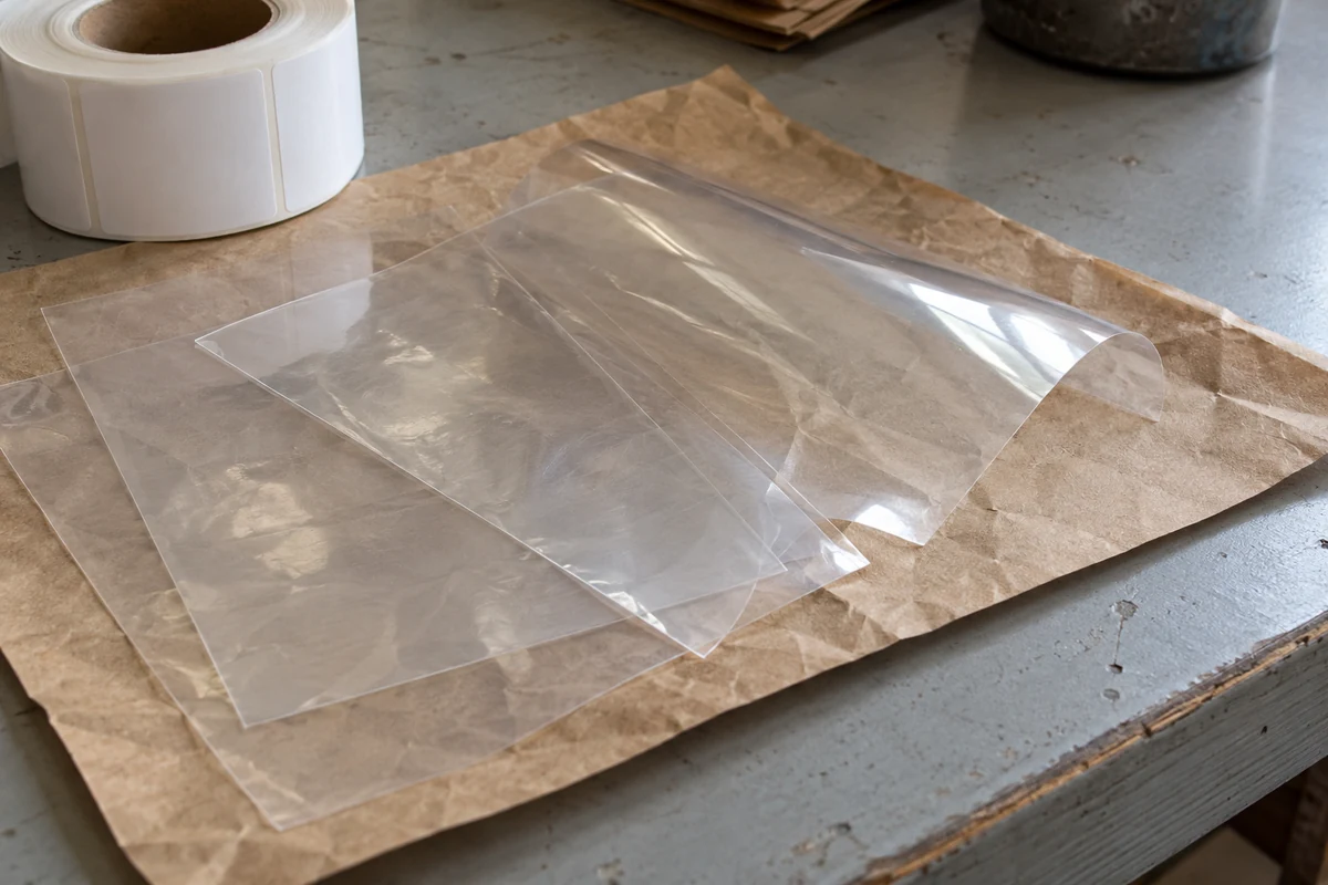 Illustrative close-up of transparent film samples and paper liner on a worn workbench