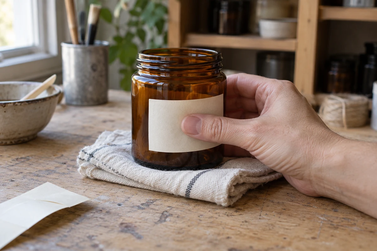 Illustrative hand pressing a blank label onto an amber jar on a workbench