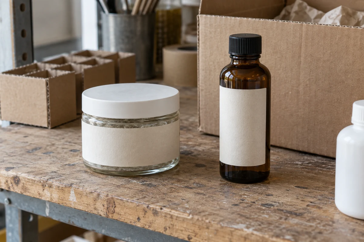 Illustrative jar and bottles with unprinted sample labels on a packaging bench